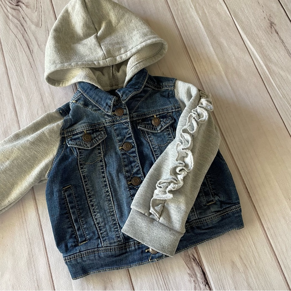 Tucker + Tate Denim Jean Jacket Kids Girls Size 2 Blue Gray Ruffle Sleeve Hooded